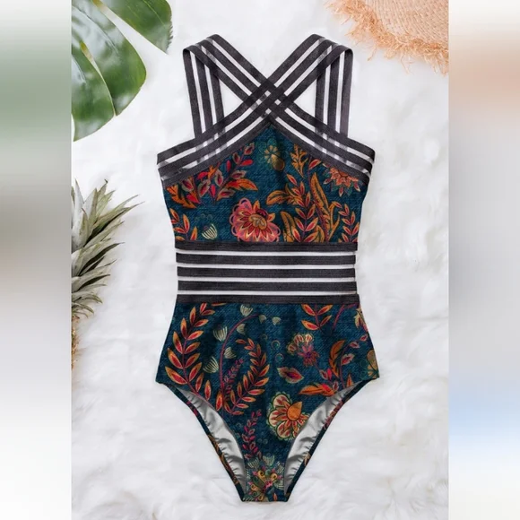 New Averie Halley Crossover Floral One Piece Swimsuit L - Picture 2 of 16